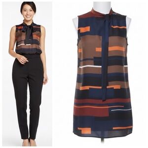 Theory 100% Silk Pack Print Twill Nitee Tunic With Bow Colorful Chic Size Medium